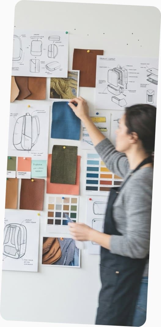 A designer arranging fabric swatches and product sketches on a studio wall